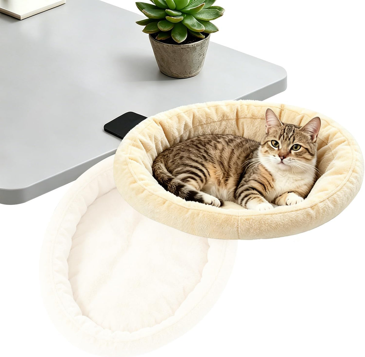Pawaboo Cat Desk Bed, Sunken Cats Hammock with Steel Clamp Hold up to 40lbs, One-click Foldable Cat Side Table Beds with Soft Plush, Reversible & Washable Hanging Cats Bed for Game Office Home Desktop - Image 14