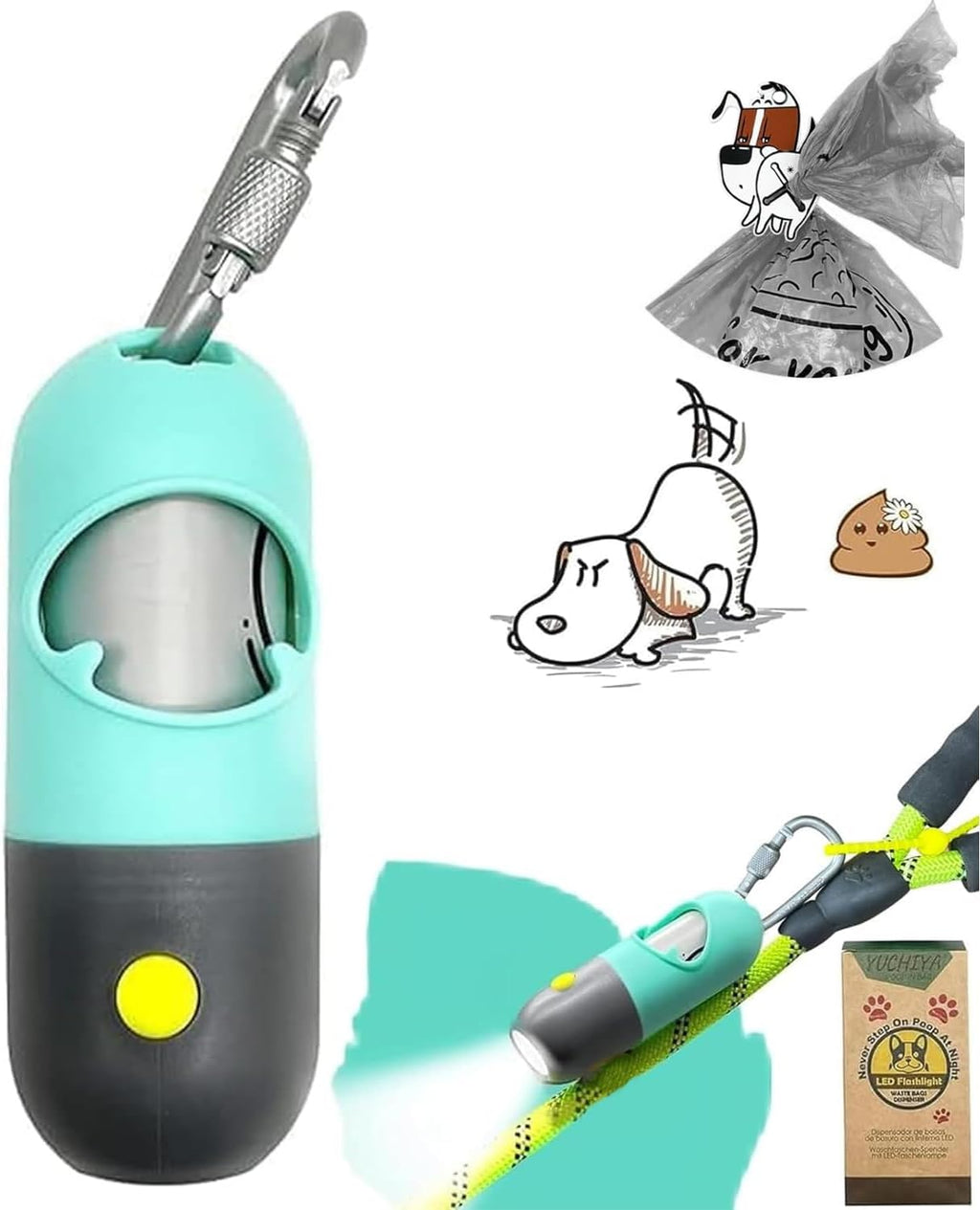 Dog Poop Bag Holder with LED Flashlight for Night Walks,Silicone Tether & Panda Pattern Clip for Used Bags, Hands-Free Metal Leash Carabiner, Includes 15 Scented Waste Bags (Crystal Blue) - Image 11