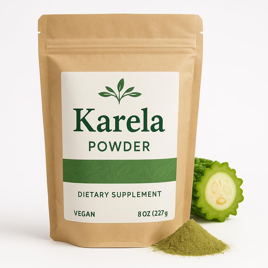 Generic Karela Bitter Gourd vegan dietary supplement powder front view bag for blood sugar management
