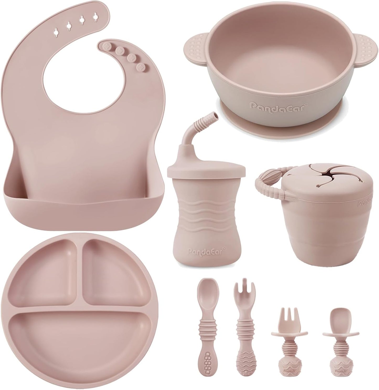 PandaEar 9-Piece Silicone Baby Feeding Set in Pink front view