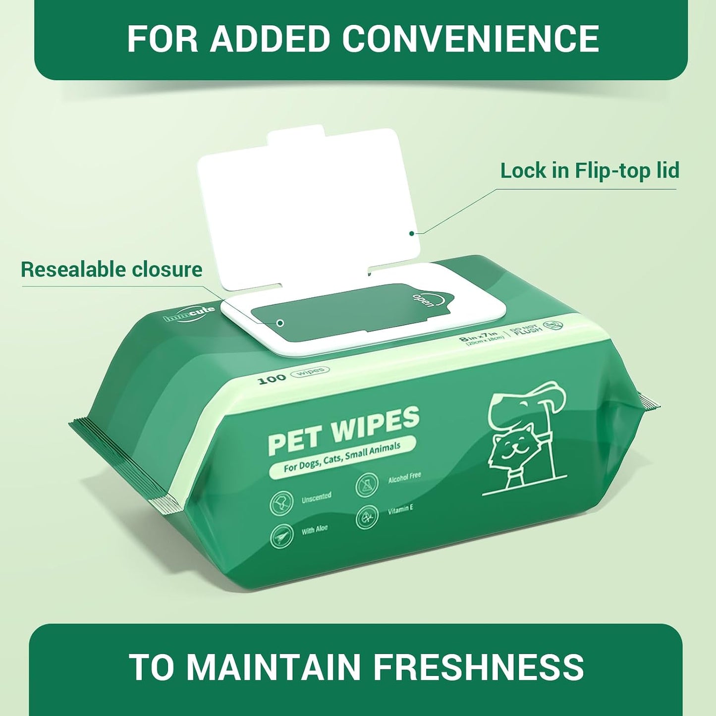 Immcute daily deodorizing cleaning wipes for large dogs and small animals.
