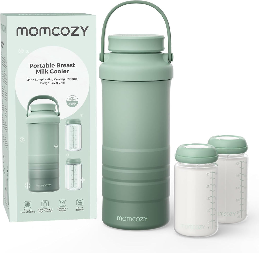 Momcozy 22 Ounce Portable Breast Milk Cooler front view showing the green insulated travel flask.