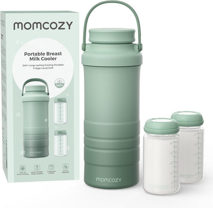 Momcozy 22 Ounce Portable Breast Milk Cooler front view showing the green insulated travel flask.