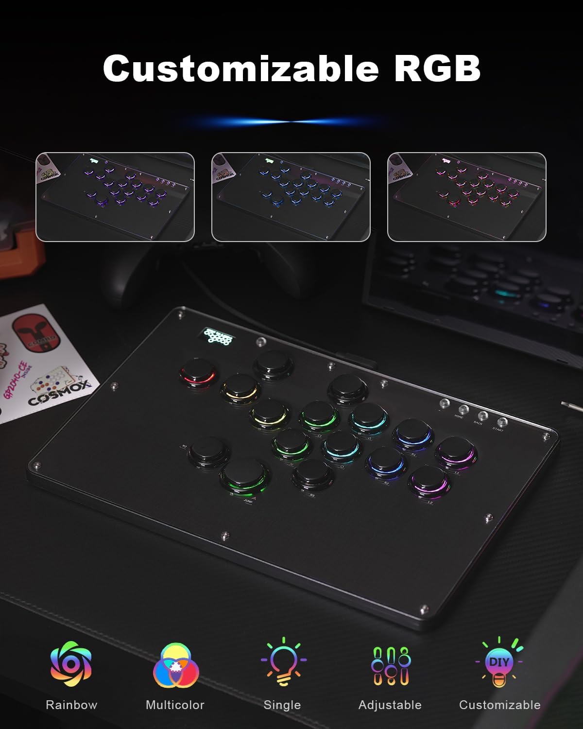 Haute42 all button fight stick layout with Kailh crystal switches exposed