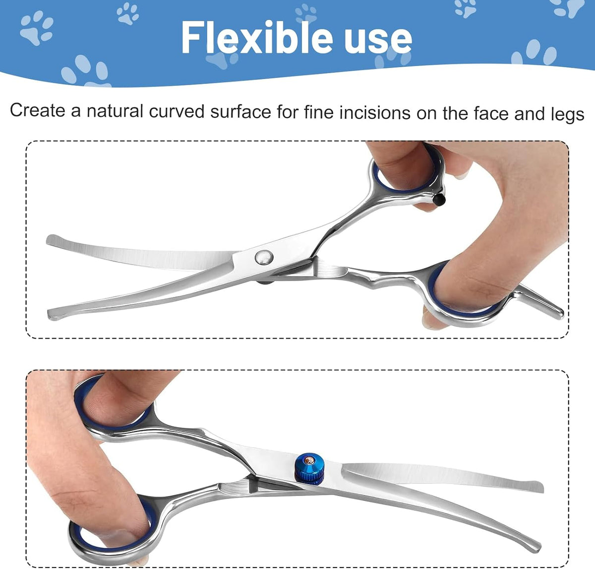 Professional pet grooming scissors showing the tension adjustment screw close up