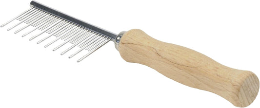Coastal Pet Safari Cat Shedding Comb front view showing the dual-length stainless steel teeth and contoured wooden handle