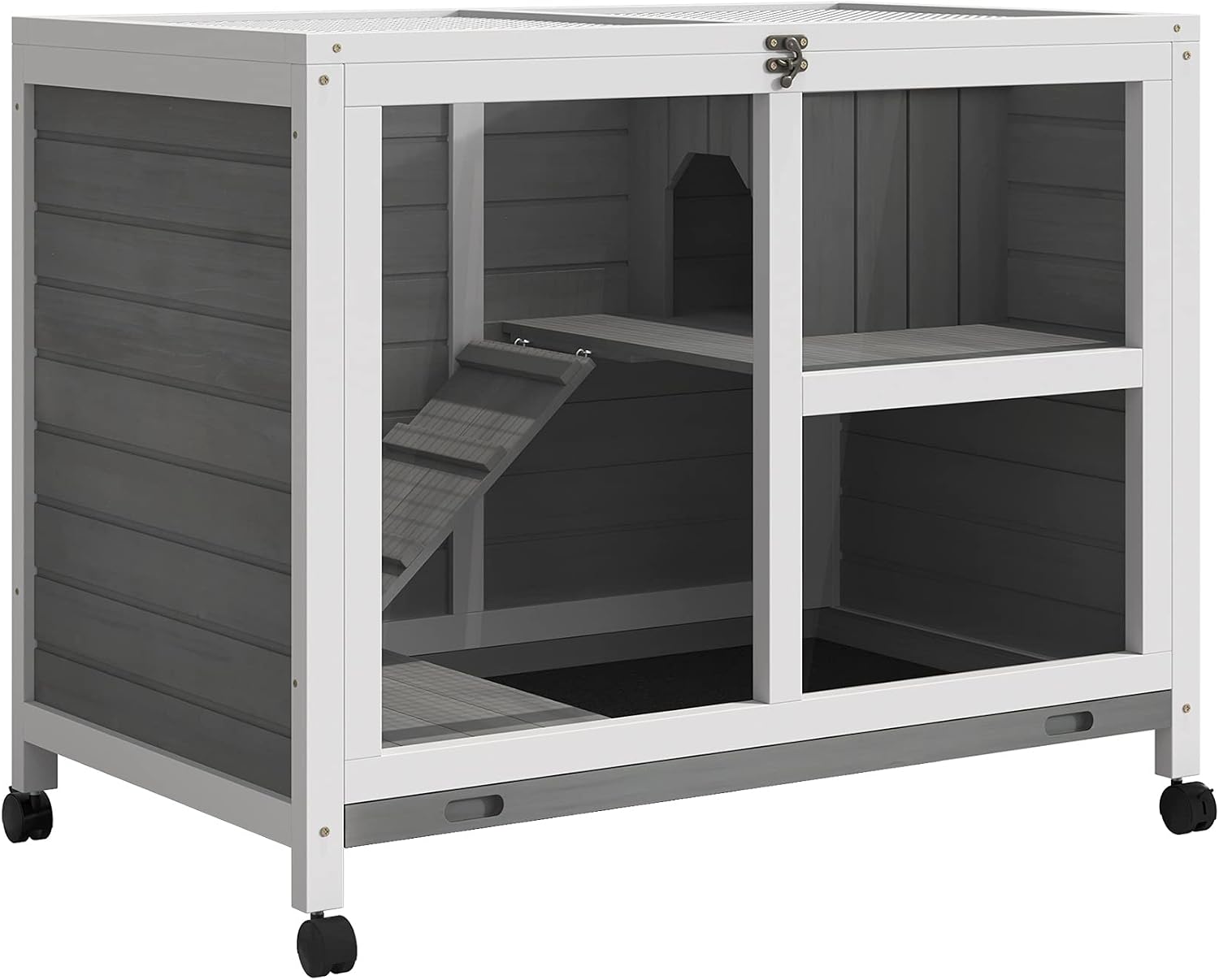 PawHut Rabbit Hutch with Wheels, Desk and Side Table Sized, Wooden Rabbit Cage, Waterproof Small Bunny Cage with Removable Tray, Openable Roof, for Indoor & Outdoor, Gray - Image 1