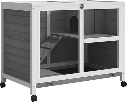 PawHut Rabbit Hutch with Wheels, Desk and Side Table Sized, Wooden Rabbit Cage, Waterproof Small Bunny Cage with Removable Tray, Openable Roof, for Indoor & Outdoor, Gray - Image 1