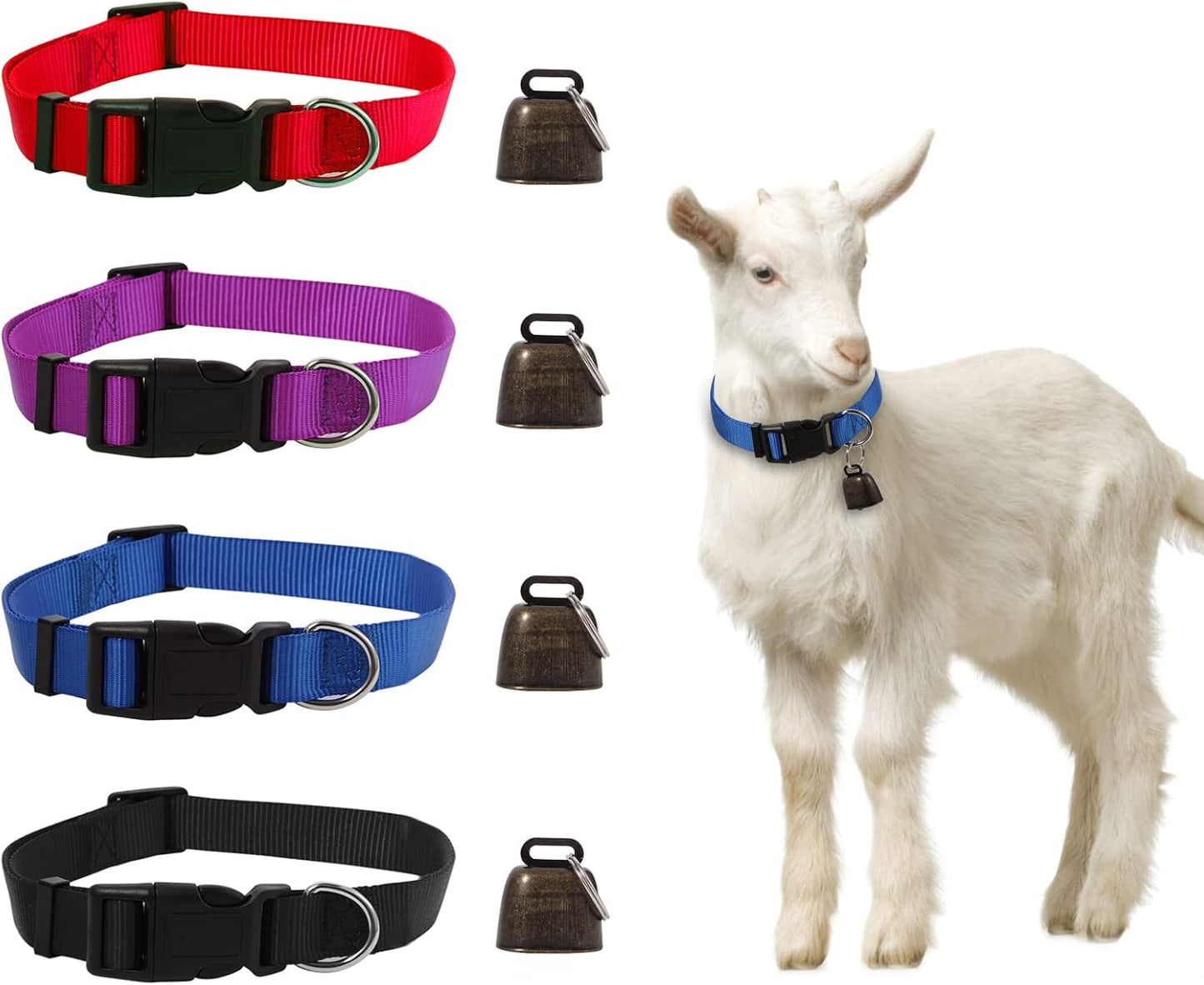 Kwerdas 4 pack goat collars with bell front view showcase for farm livestock management.