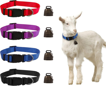 Kwerdas 4 pack goat collars with bell front view showcase for farm livestock management.