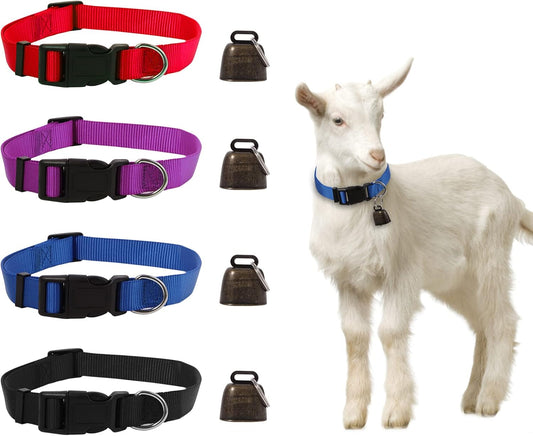 Kwerdas 4 pack goat collars with bell front view showcase for farm livestock management.