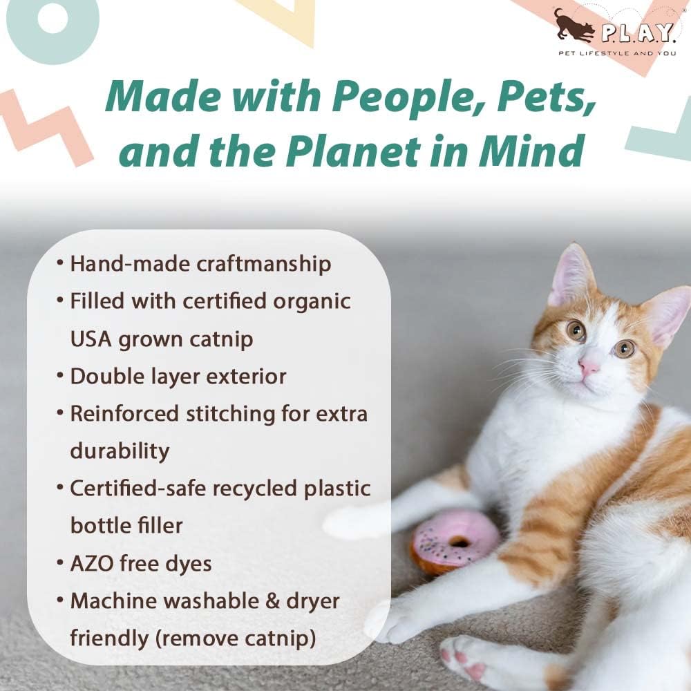 Eco friendly recycled fiber catnip donut toys close up view
