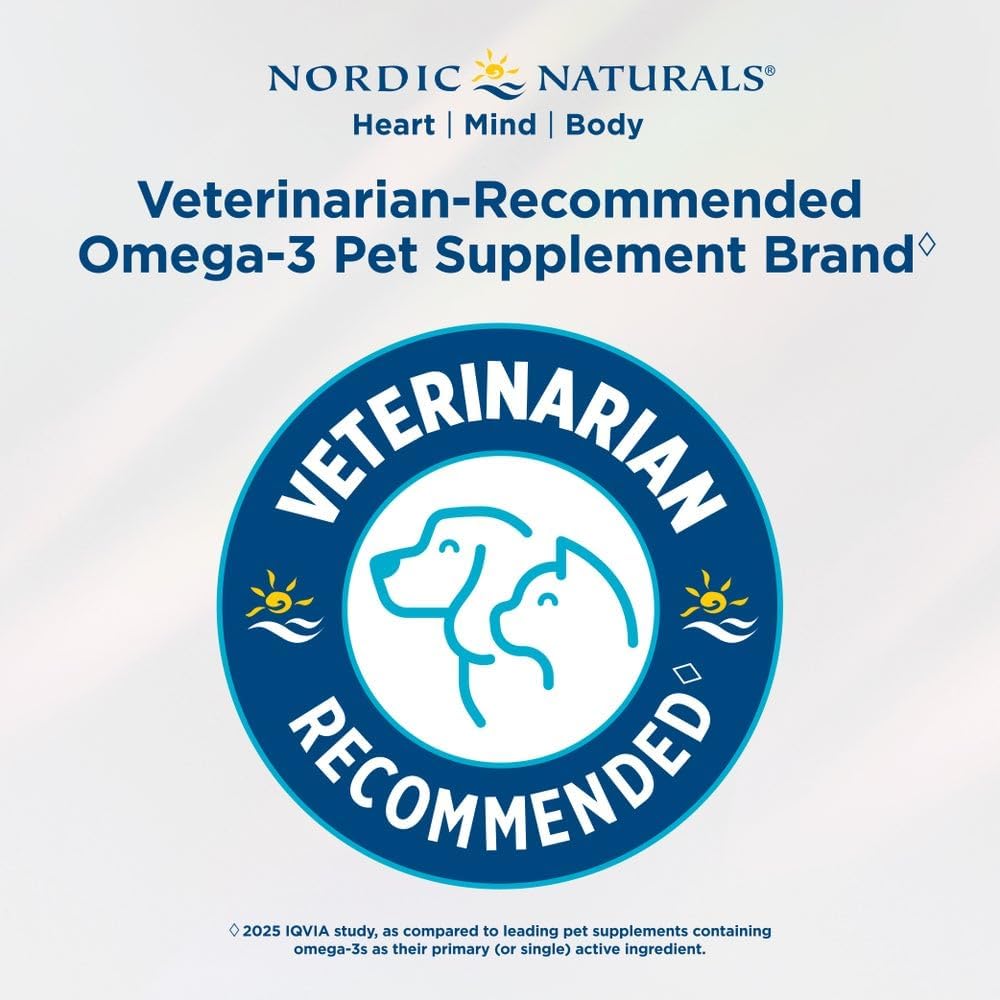 Imported Nordic Naturals Omega-3 Pet bottle highlighting EPA and DHA content for immune health.