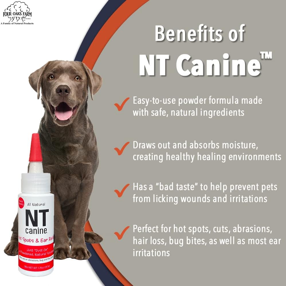 NT Canine natural solution powder for pet ear irritations and moisture absorption.