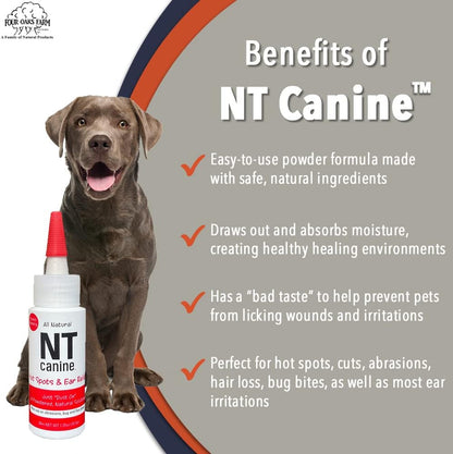 NT Canine natural solution powder for pet ear irritations and moisture absorption.