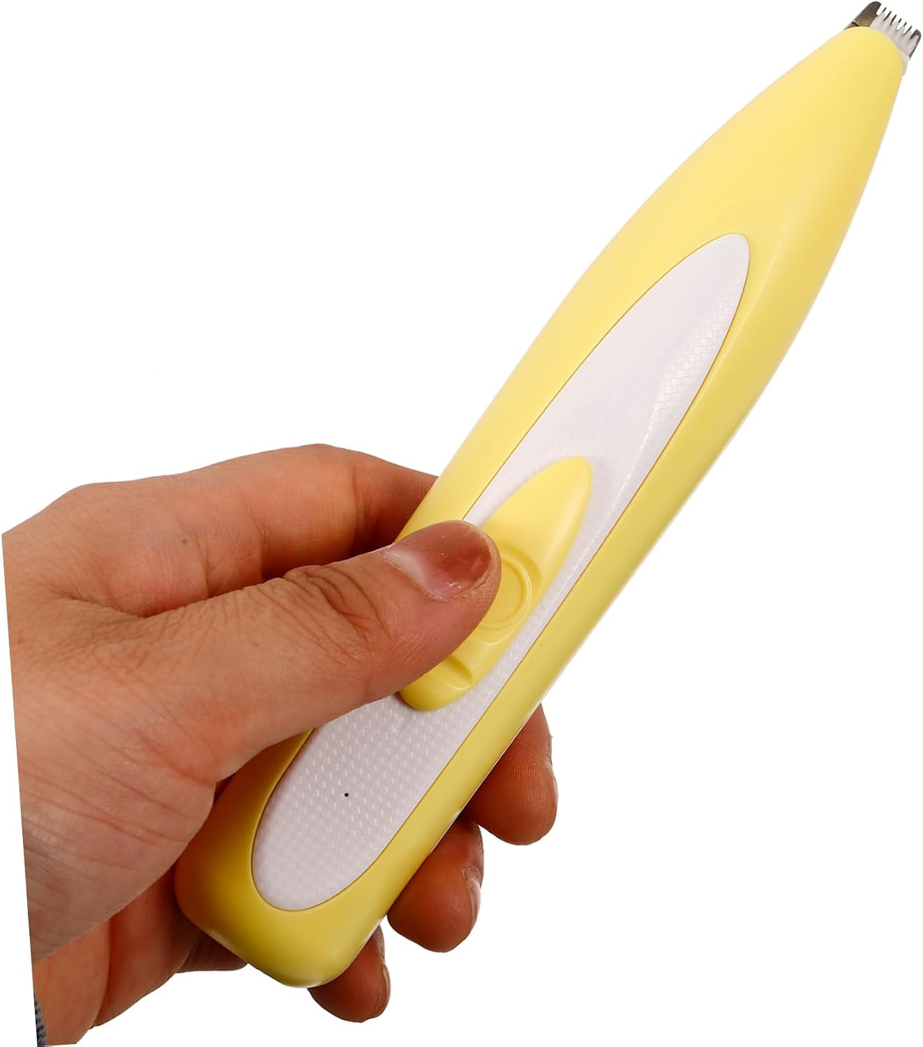 USB rechargeable pet foot trimmer with included cleaning brush and oil accessory.