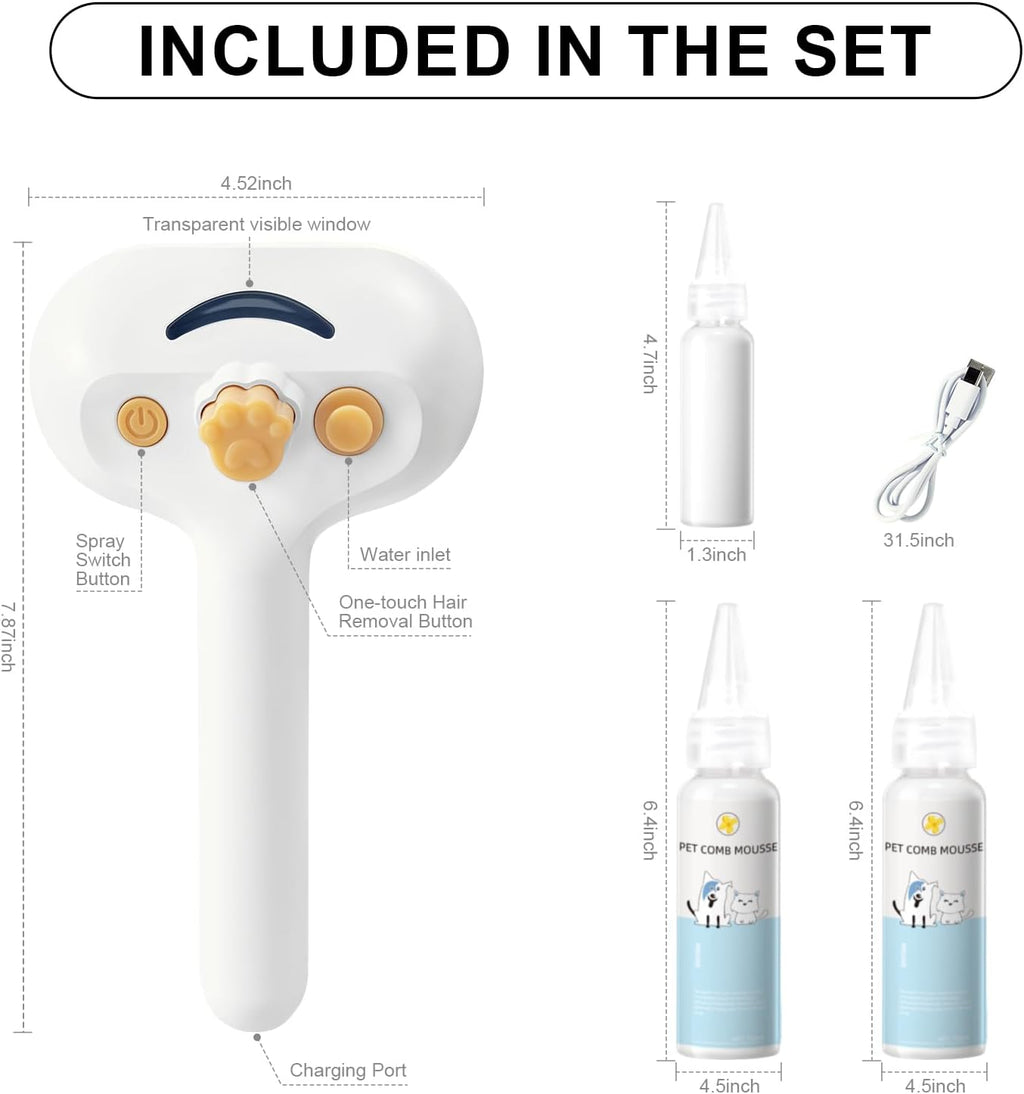 VVWVVW electronic pet comb showing the dry USB charging interface and compact travel friendly dimensions