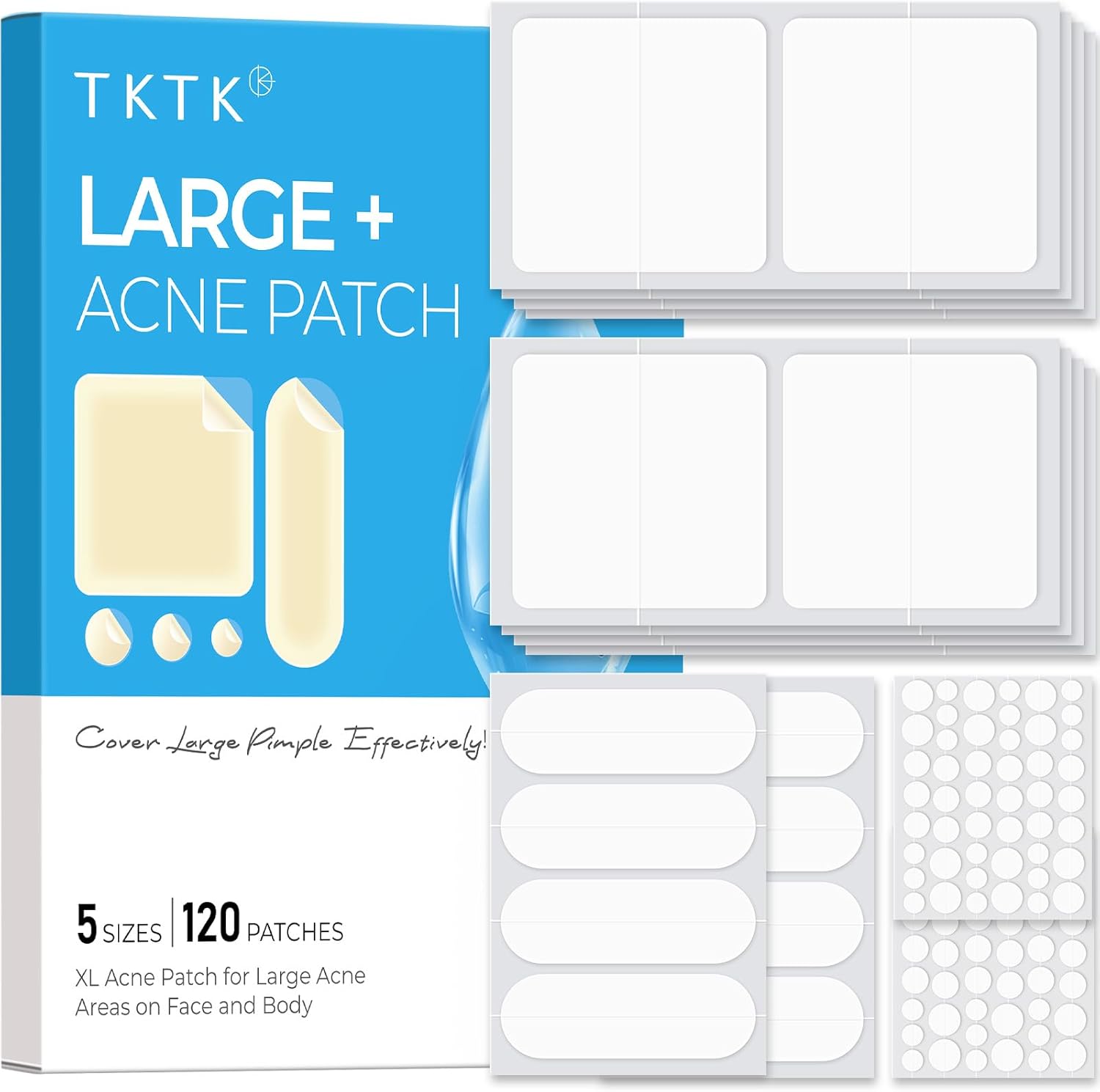 TKTK Hydrocolloid Bandages front view retail box showing 120 count large pimple patches for face acne care.