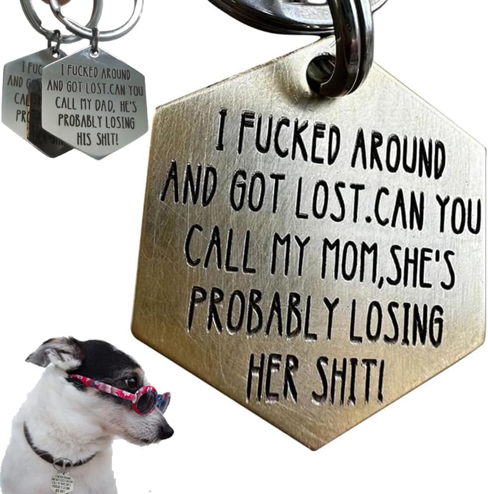 Generic funny dog tag front view showing engraved stainless steel pet ID text.