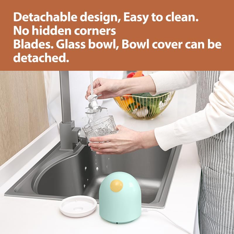 DAKONG infant food grinder with all detachable components separated including the lid and three hundred millilitre glass bowl for cleaning.
