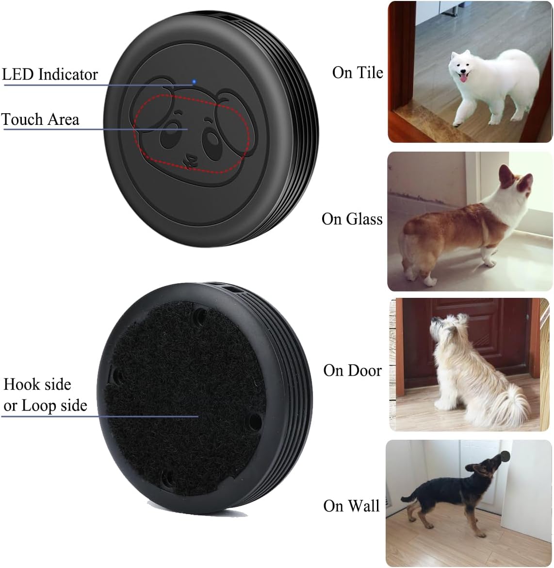 Puppy pressing the EverNary waterproof touch button with its nose to signal outside