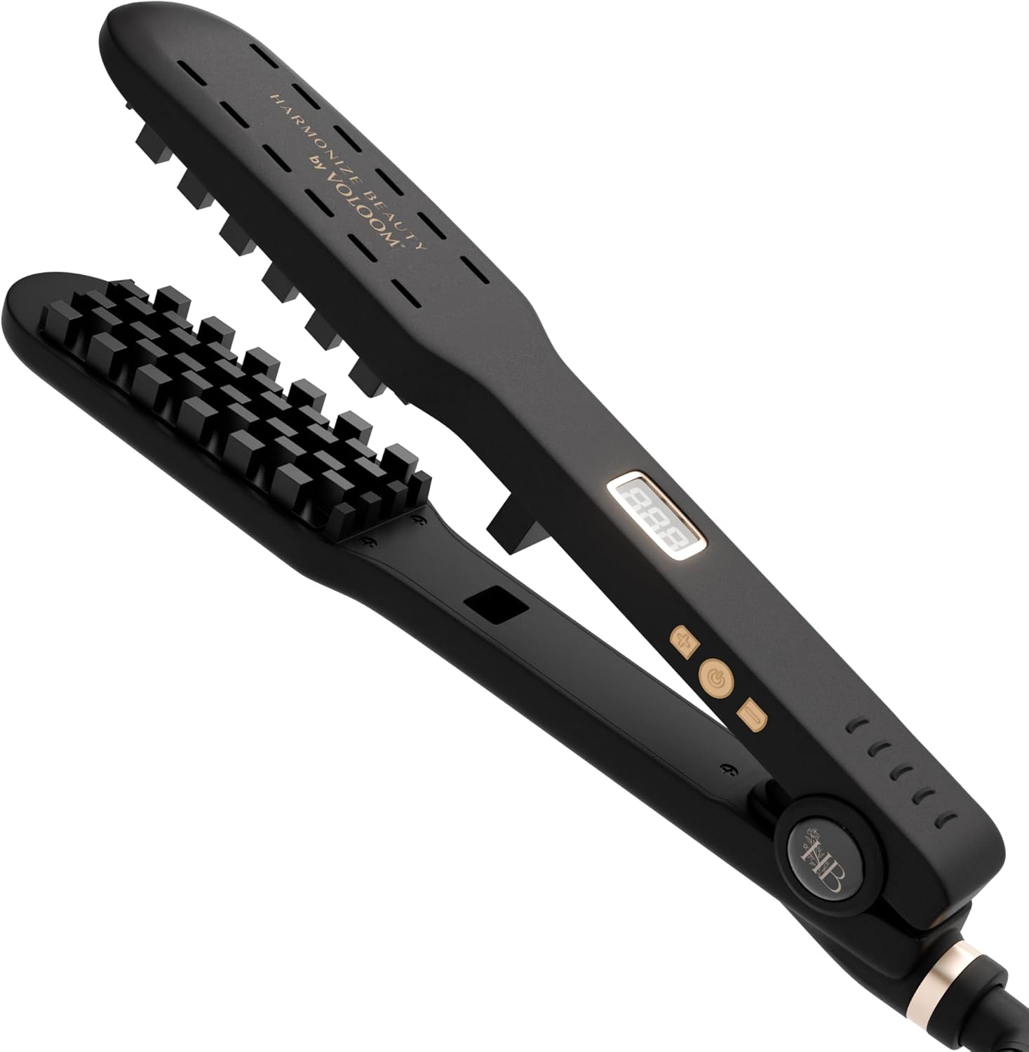 Harmonize Beauty VOLOOM one point five inch hair crimper tool front view showing sleek black handle