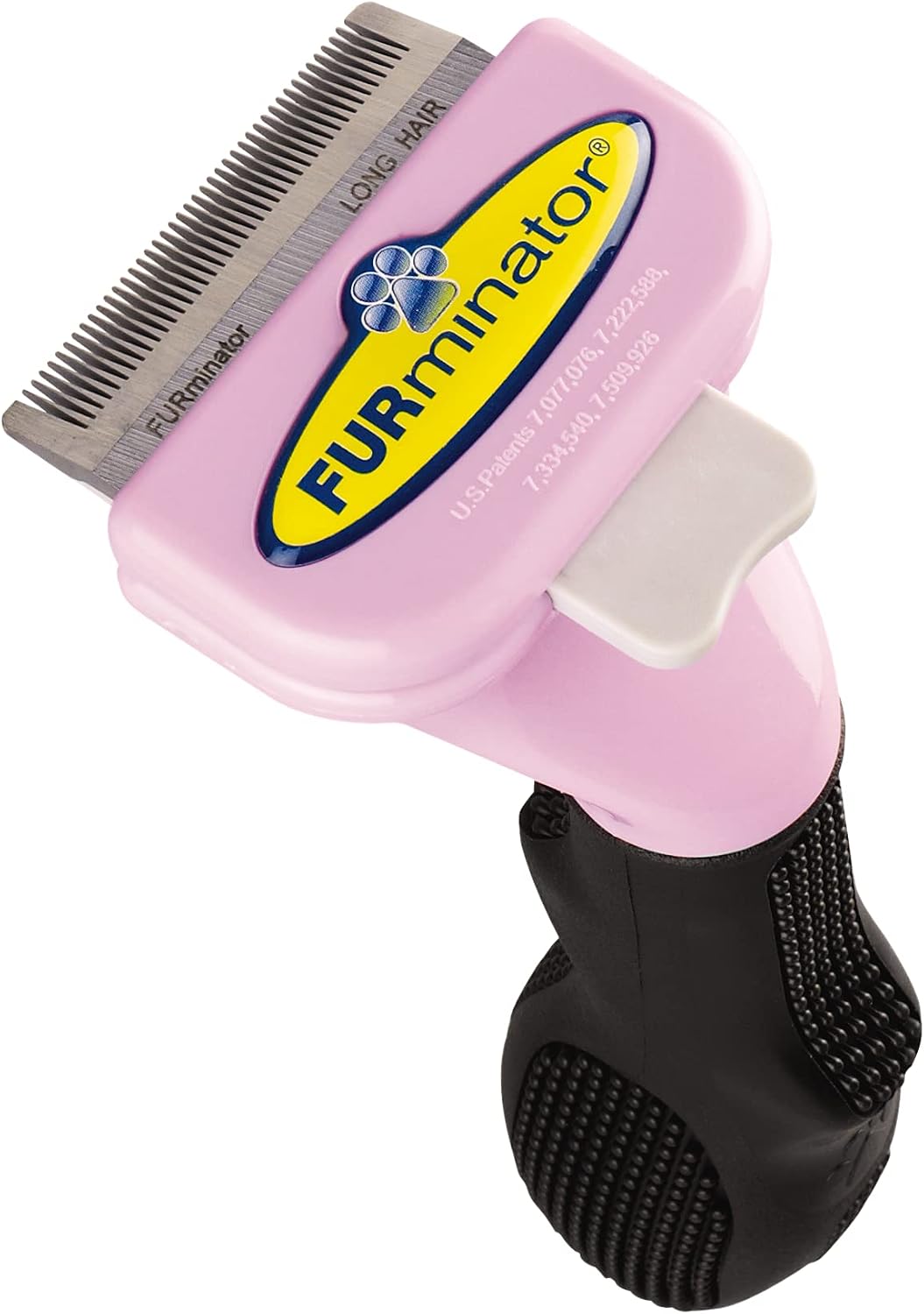 Curved skin guard design of Furminator short hair cat grooming comb