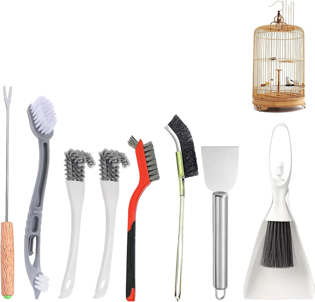 Gavigain bird cage cleaning brush tool set front view showcasing the eight pieces layout.