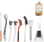 Gavigain bird cage cleaning brush tool set front view showcasing the eight pieces layout.