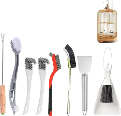 Gavigain bird cage cleaning brush tool set front view showcasing the eight pieces layout.