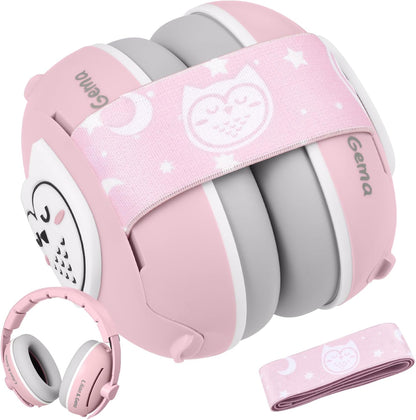 Lilian & Gema 2-in-1 baby ear muffs pink owl design front view