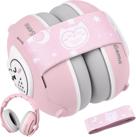 Lilian & Gema 2-in-1 baby ear muffs pink owl design front view