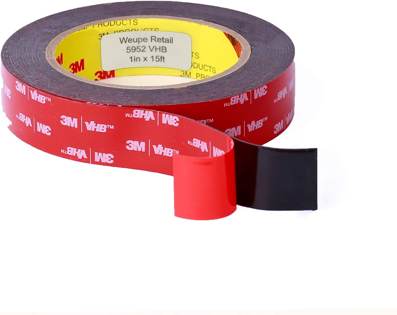 Side angle view of the 1 inch by 15 feet industrial double sided mounting tape roll.