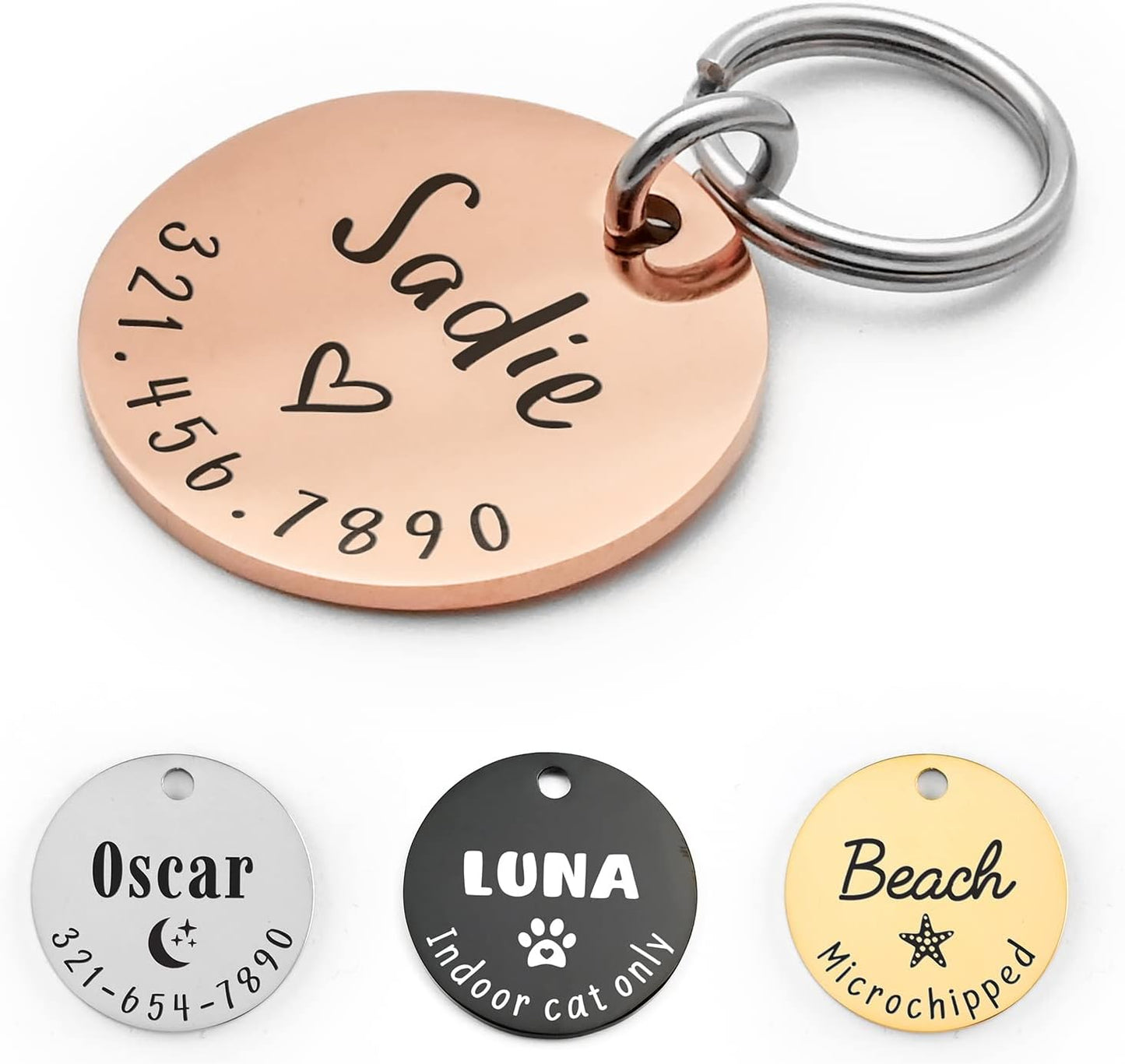KEVSUN personalized rose gold dog tag front view showing custom engraving.