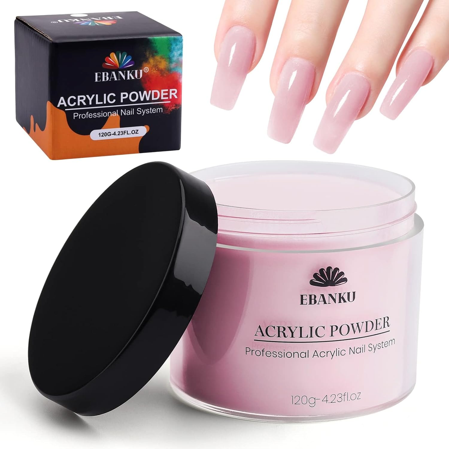Ebanku Pink Acrylic Powder 120 grams jar front view professional nail supplies