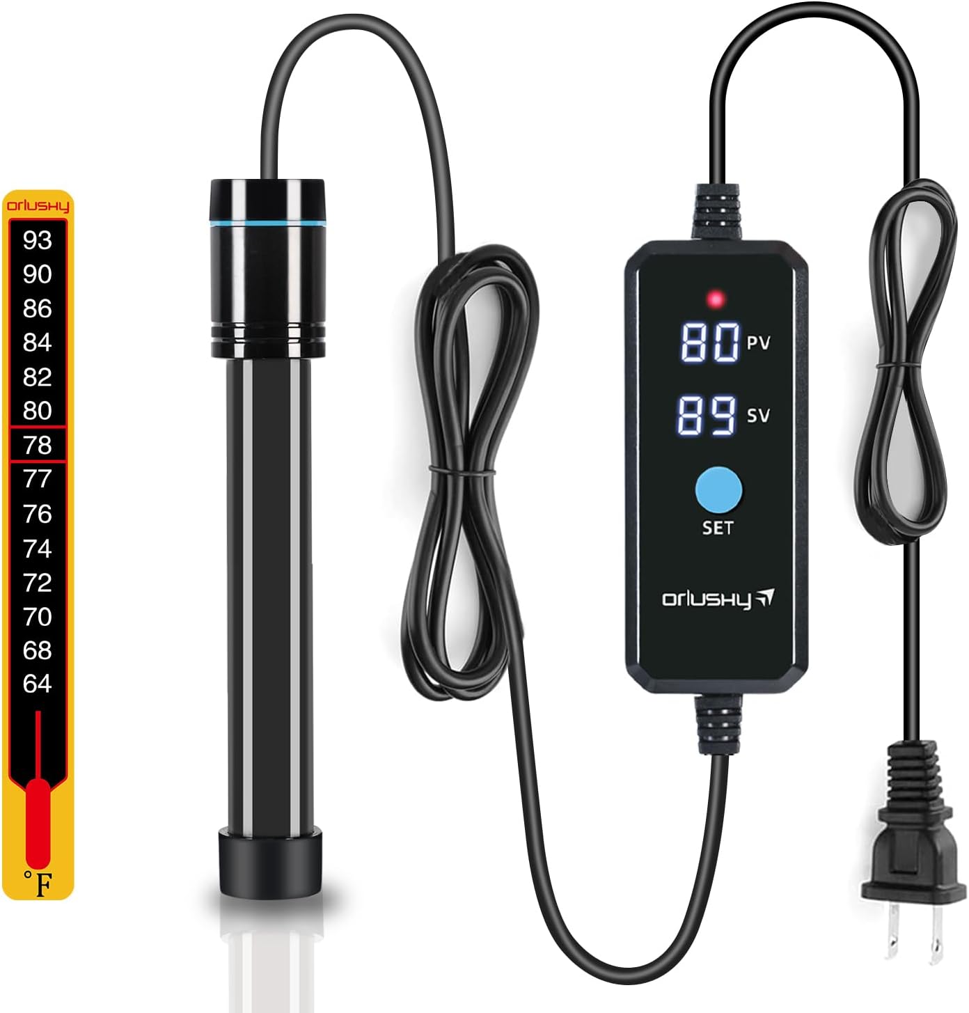 Orlushy aquarium heater showing safety quartz glass and heating element
