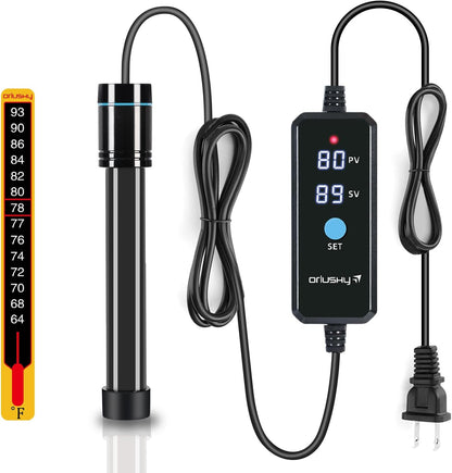 Orlushy aquarium heater showing safety quartz glass and heating element