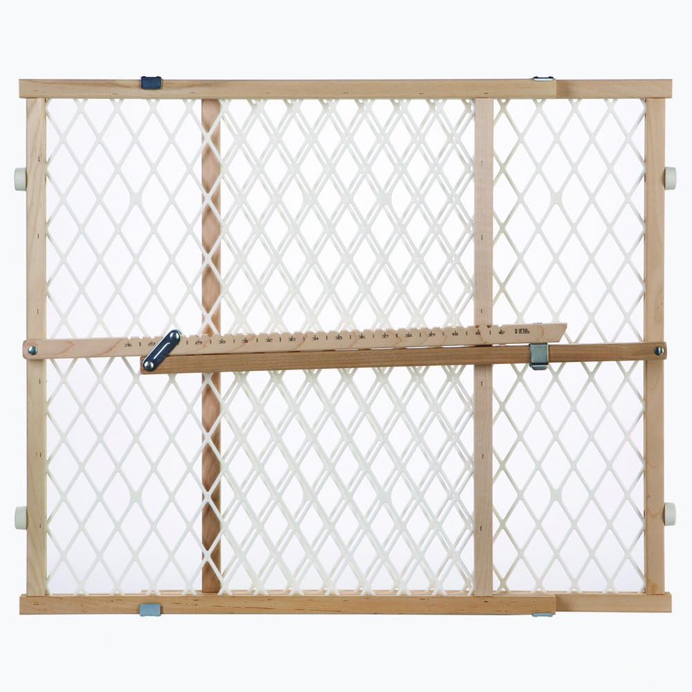 Toddleroo by North States diamond mesh wooden baby gate front view installed in a home doorway