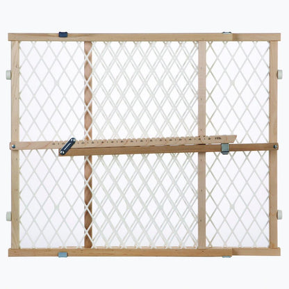 Toddleroo by North States diamond mesh wooden baby gate front view installed in a home doorway