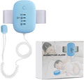 Tobiwibby bedwetting alarm front view with heart shaped blue device and sensor clips.