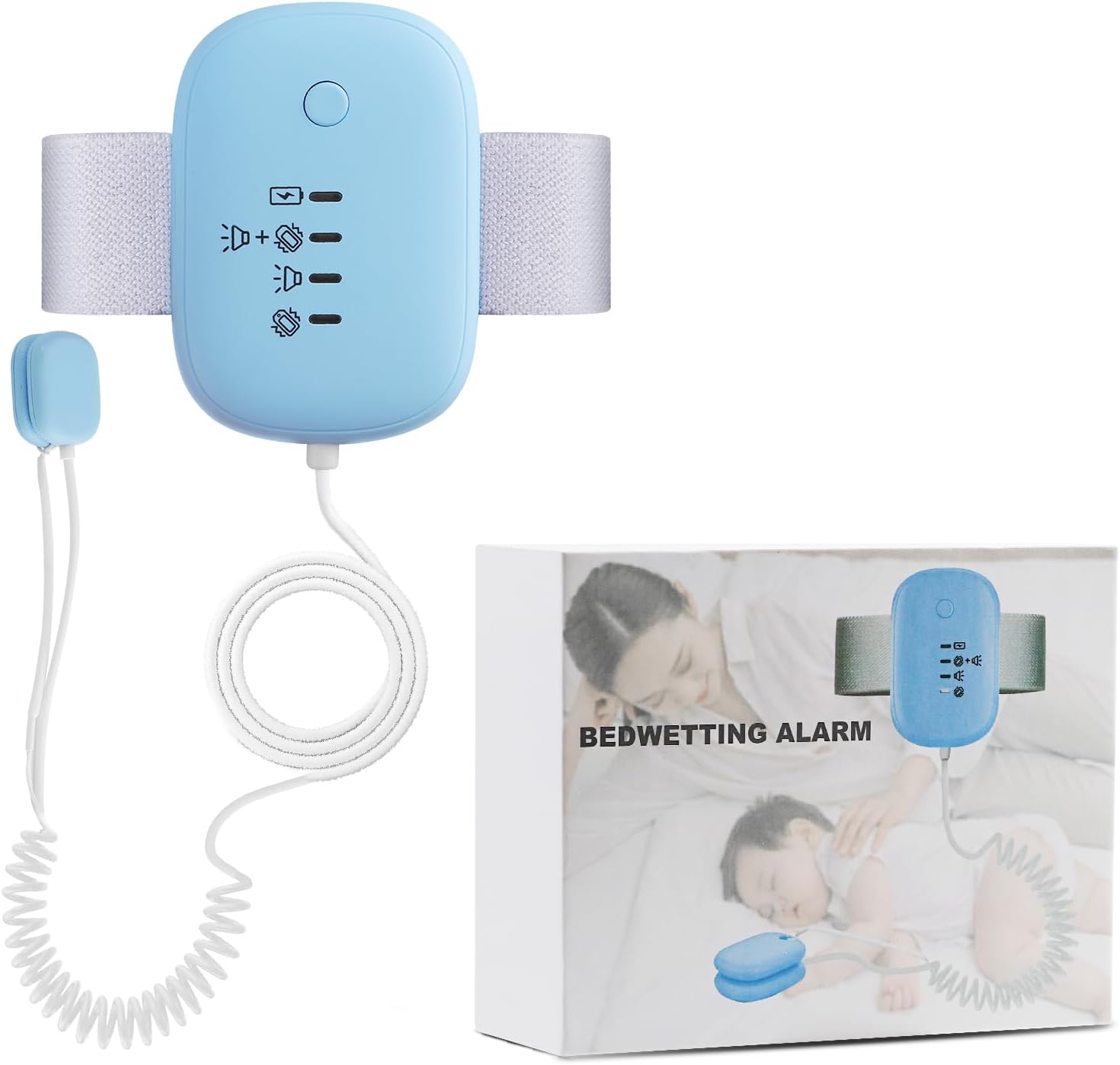 Tobiwibby bedwetting alarm front view with heart shaped blue device and sensor clips.