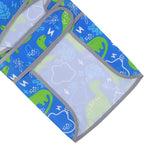 HDE dinosaur print pet raincoat folded flat to illustrate its compact travel design.