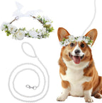 Delorigin dog wedding flower collar and pearl leash set front view on a medium dog