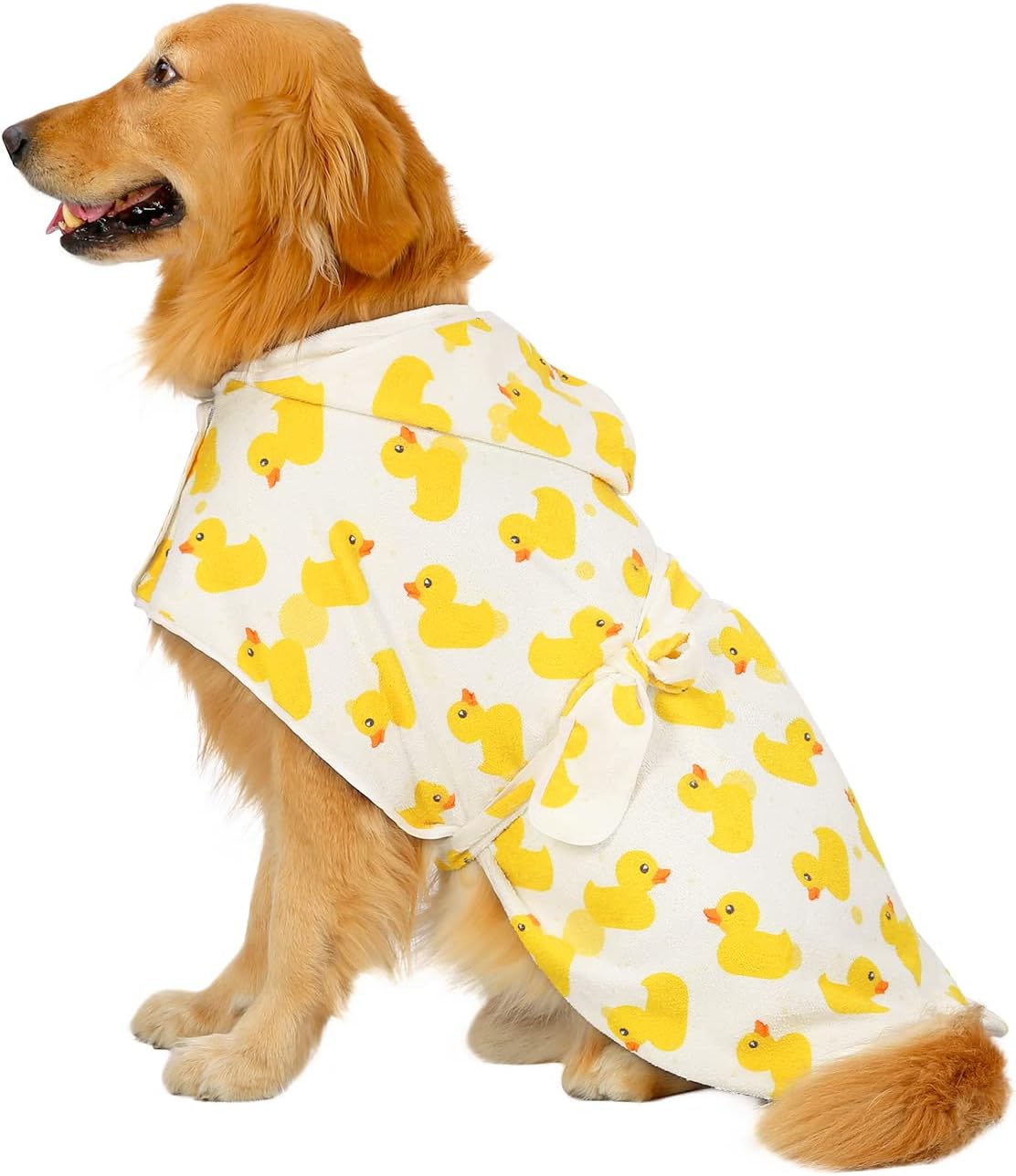HDE dog bathrobe laid flat showing hood and size features