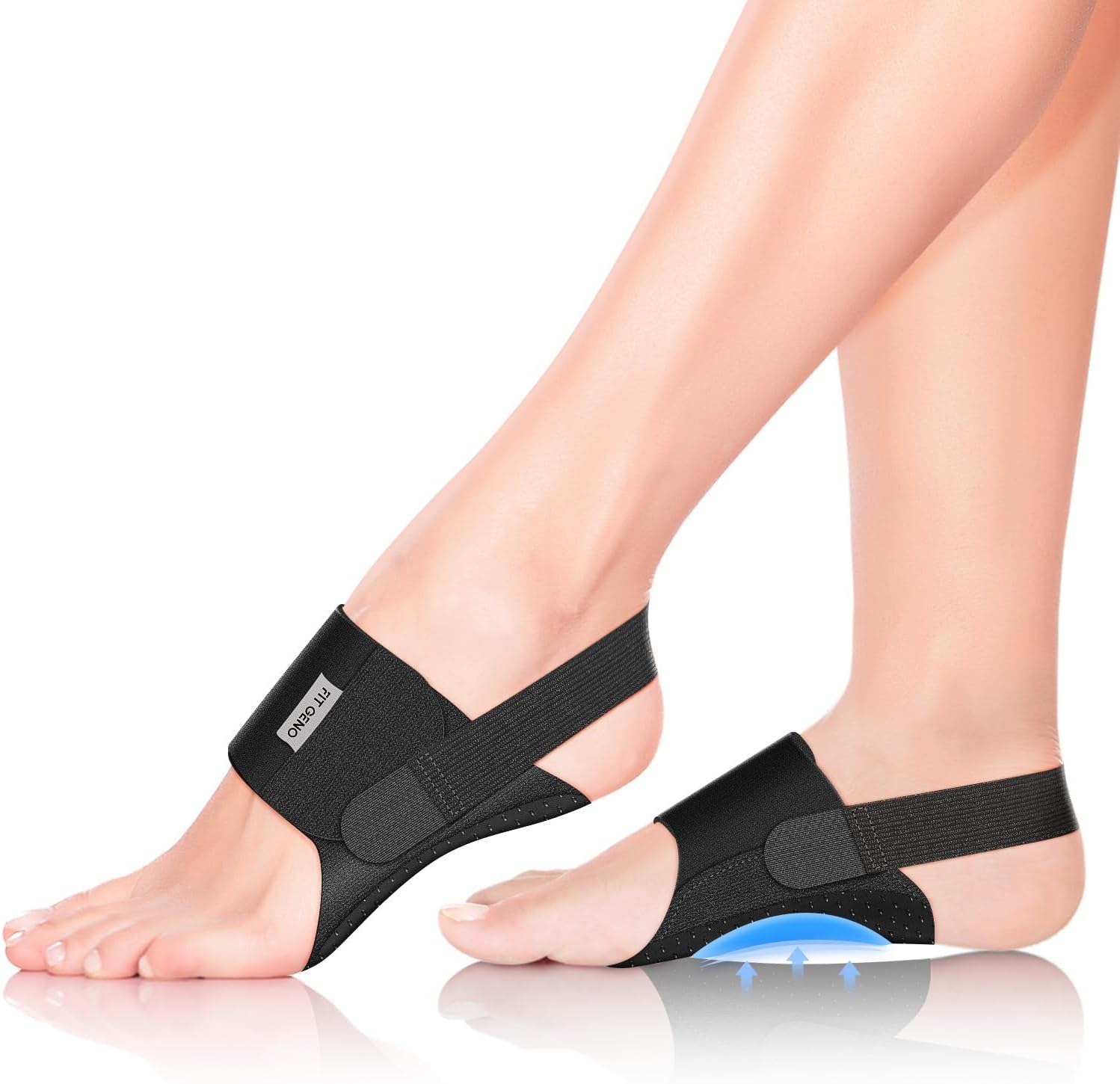 Fit Geno Arch Support Braces front view showing adjustable compression straps and black fabric.