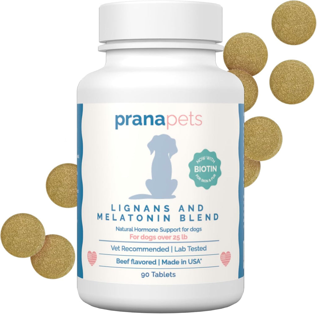 PranaPets Lignans and Melatonin with Biotin Blend front view natural dog adrenal supplement