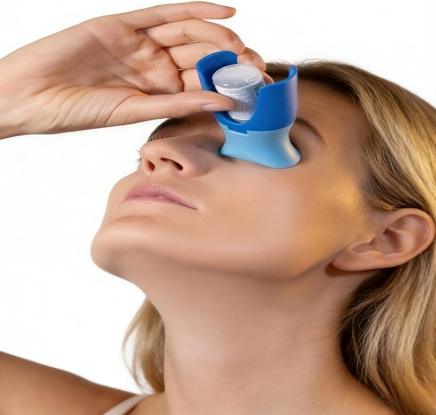 Jimfoty eye drop guide front view showing the blue ergonomic applicator design