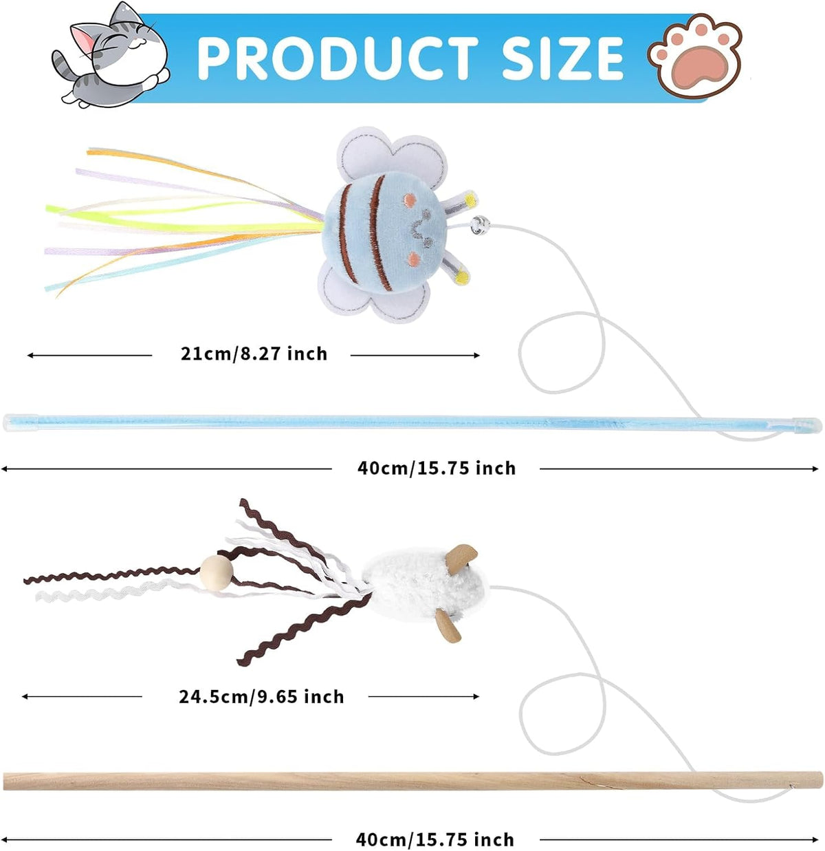 NOWFRESH Cat Teaser Wand plush bee attachment with bell and streamers close up