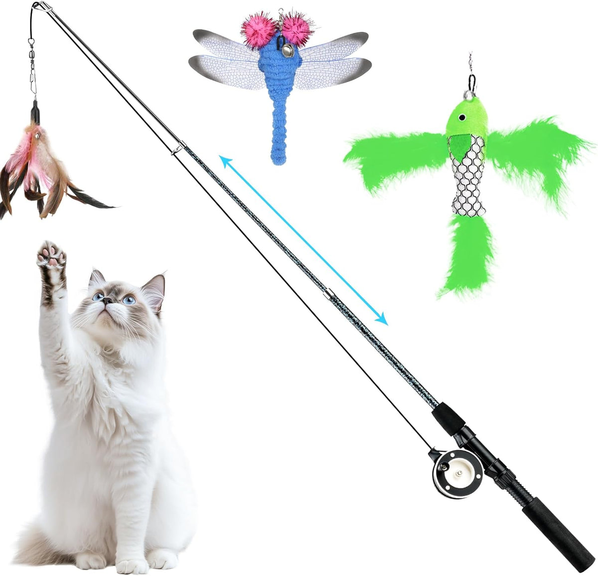 Pawaboo Cat Feather Toys, 4 Pack Interactive Cat feather Teaser Wand Toys, Retractable Fishing Pole Wand Catcher Exerciser with Refill Fish, Dragonfly Worm with Bells, Fun Cat Kitten Kitty Playing Toy - Image 13
