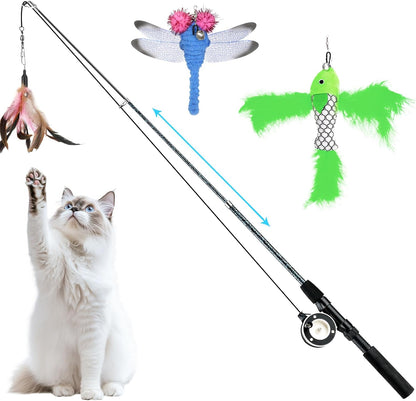 Pawaboo Cat Feather Toys, 4 Pack Interactive Cat feather Teaser Wand Toys, Retractable Fishing Pole Wand Catcher Exerciser with Refill Fish, Dragonfly Worm with Bells, Fun Cat Kitten Kitty Playing Toy - Image 13